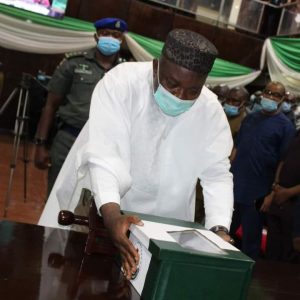 Enugu Governor, Mr Ifeanyi Ugwuanyi presenting the budget in the house of Assembly